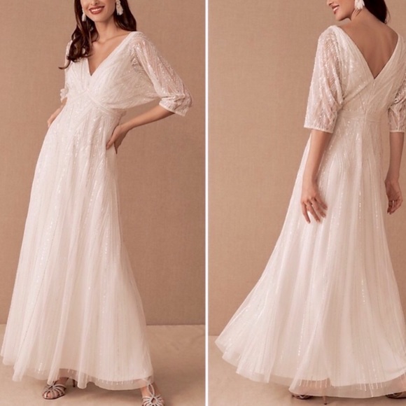 BHLDN Ellesmere Size 6 Ivory Allover Beaded Vintage Inspired V-neck Maxi Wedding - Picture 2 of 12